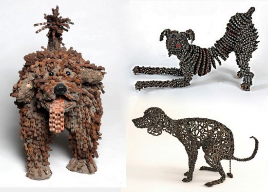 Скульптуры собак, сделанные из велосипедных цепей