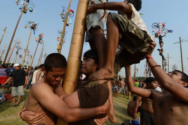 «Панжат Пинанг»: Соревнования по влезанию на смазанный жиром столб в Индонезии (16 фото)