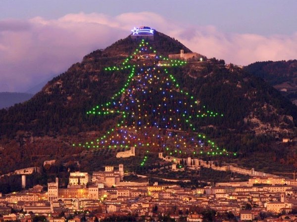 Огромная рождественская ёлка в городе Губбио на горе Инджино (3 фото)
