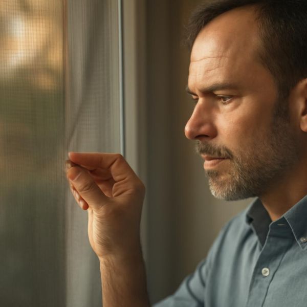 Эксперт осматривает антимоскитную сетку перед установкой